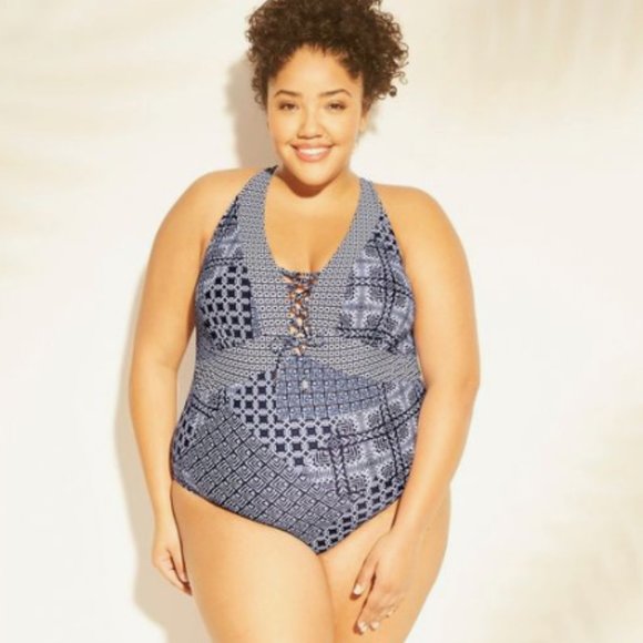 🆕 PLUS Size 1X 14W Navy Geometric 1pc Swim Suit Swimsuit Lace Up Front NEW NWT - Picture 1 of 2